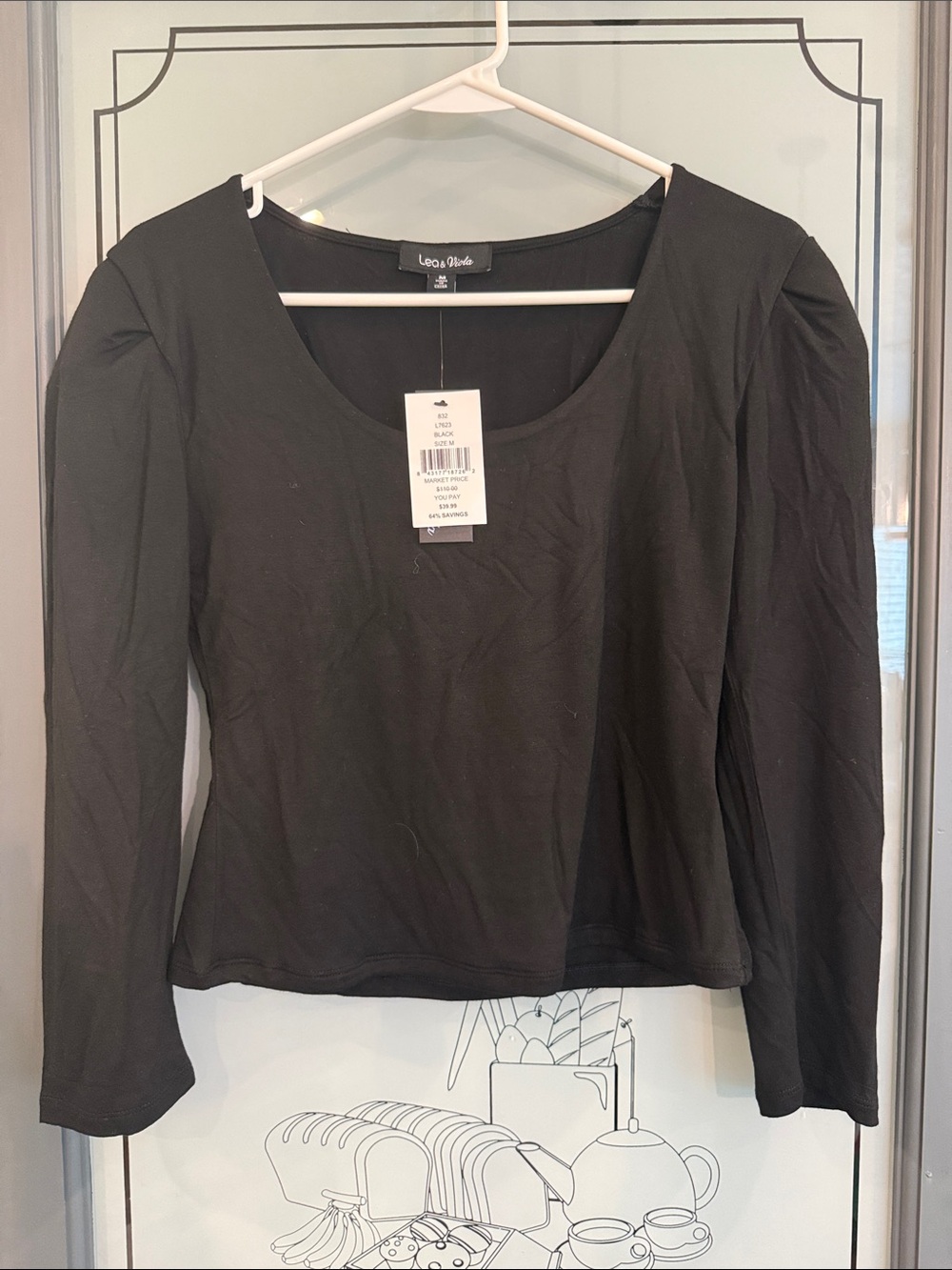 Leo & Nicole Black Scoop Neck Long Sleeve Top with Slight Puff Shoulders